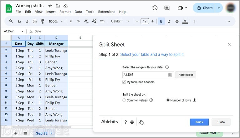 ablebits split sheet add on for google sheets screenshot