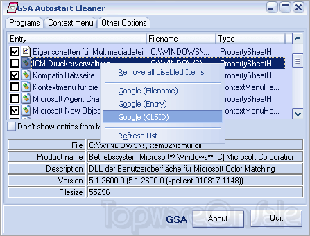 gsa autostart cleaner screenshot